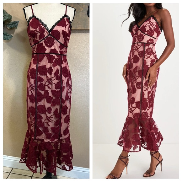 Lulus Alluring Dream Burgundy Floral Mesh Lace Trumpet Midi Dress – Size Medium - Picture 1 of 8